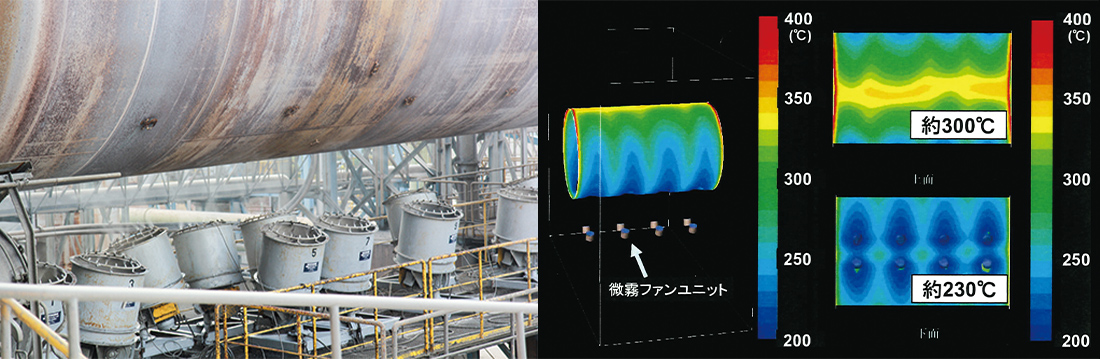 写真:キルン微霧冷却装置と装置による温度変化の様子