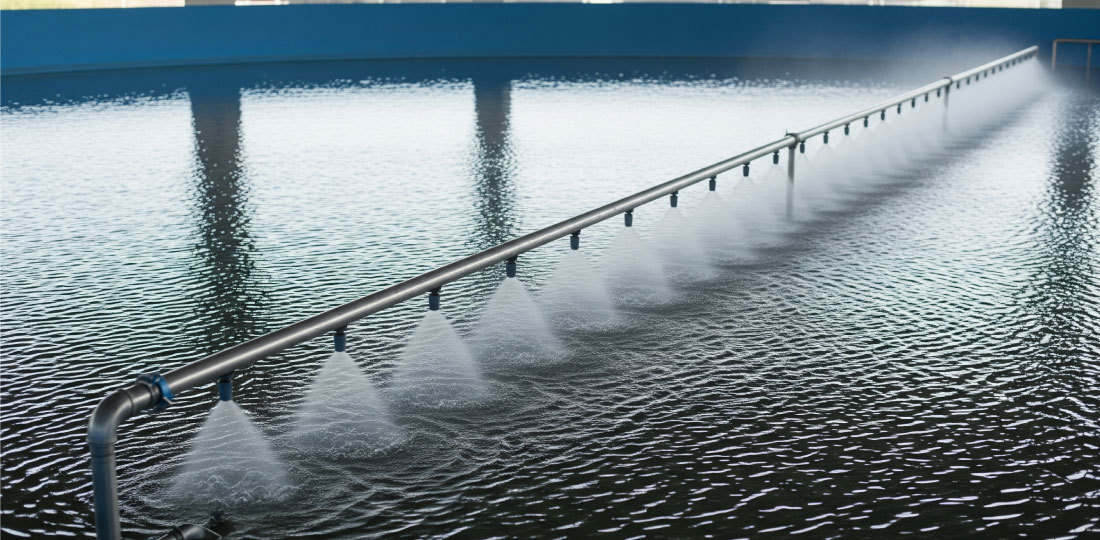 写真:ノズルから噴霧され波立つ水面